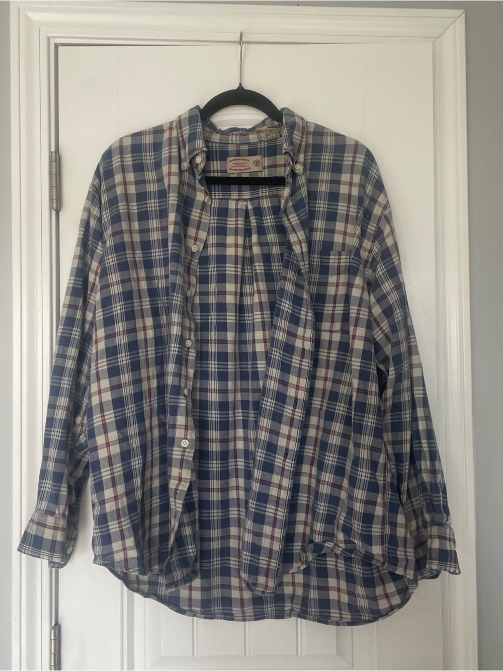 American Eagle Men XL Plaid Button Down Shirt Blue Tan Casual Flannel Style